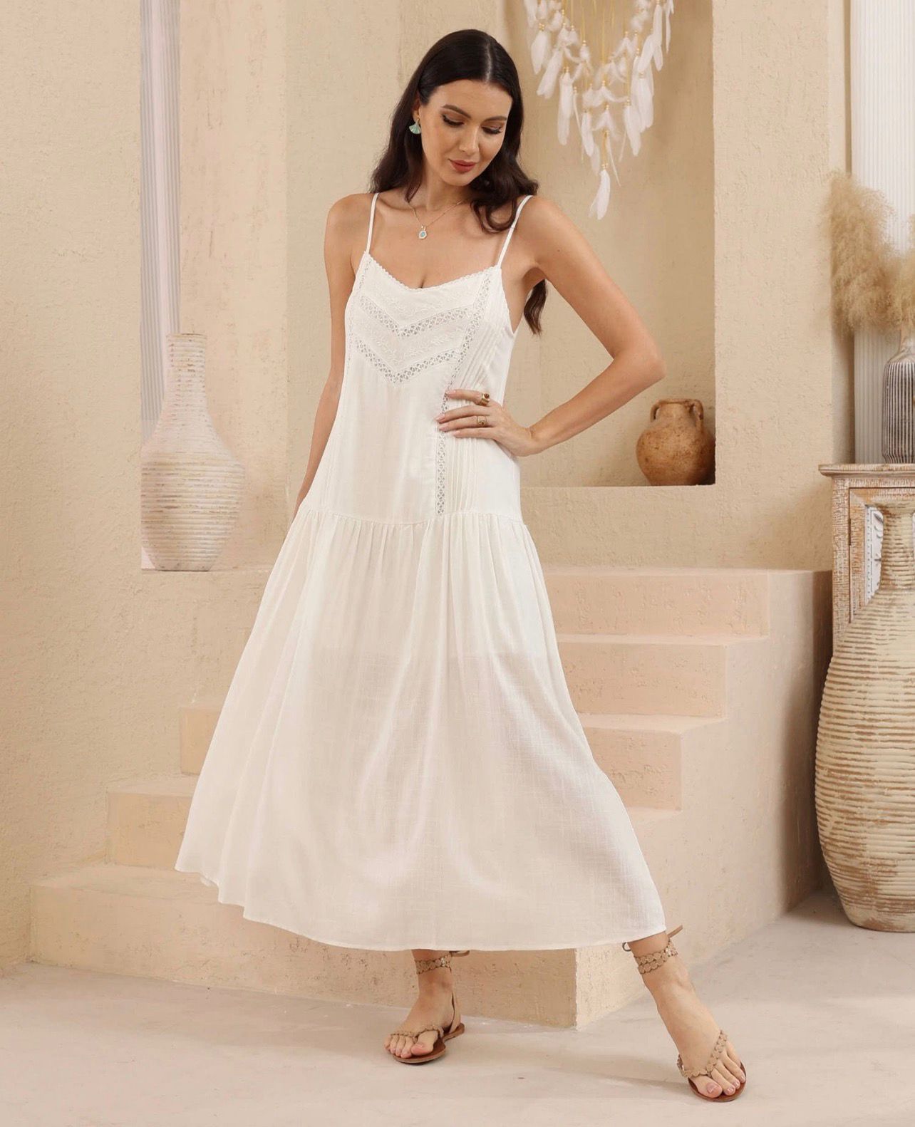 Maeve Lace Trim Cotton Maxi Dress in White Cream