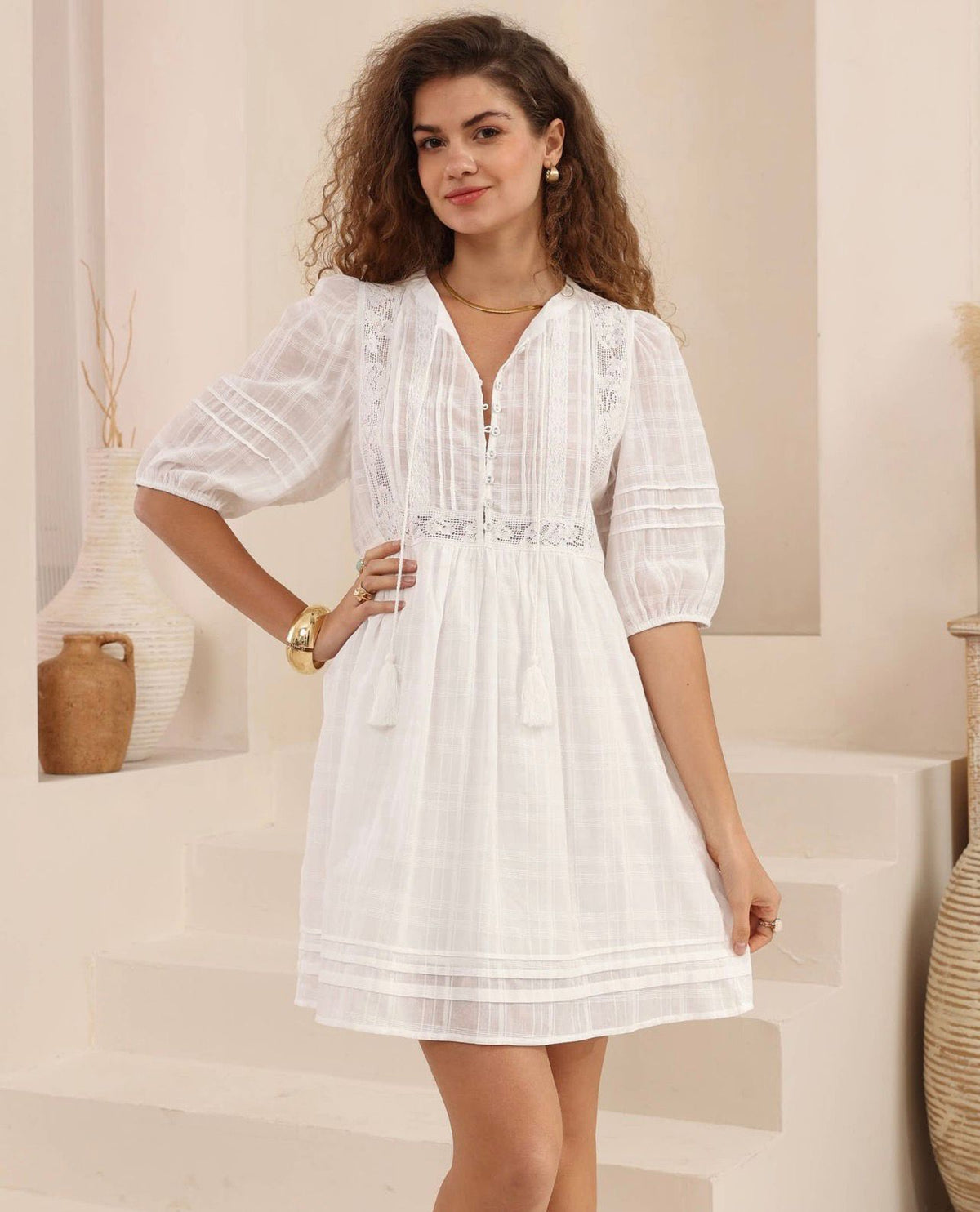 Elowen Lace Detail White Cotton Dress