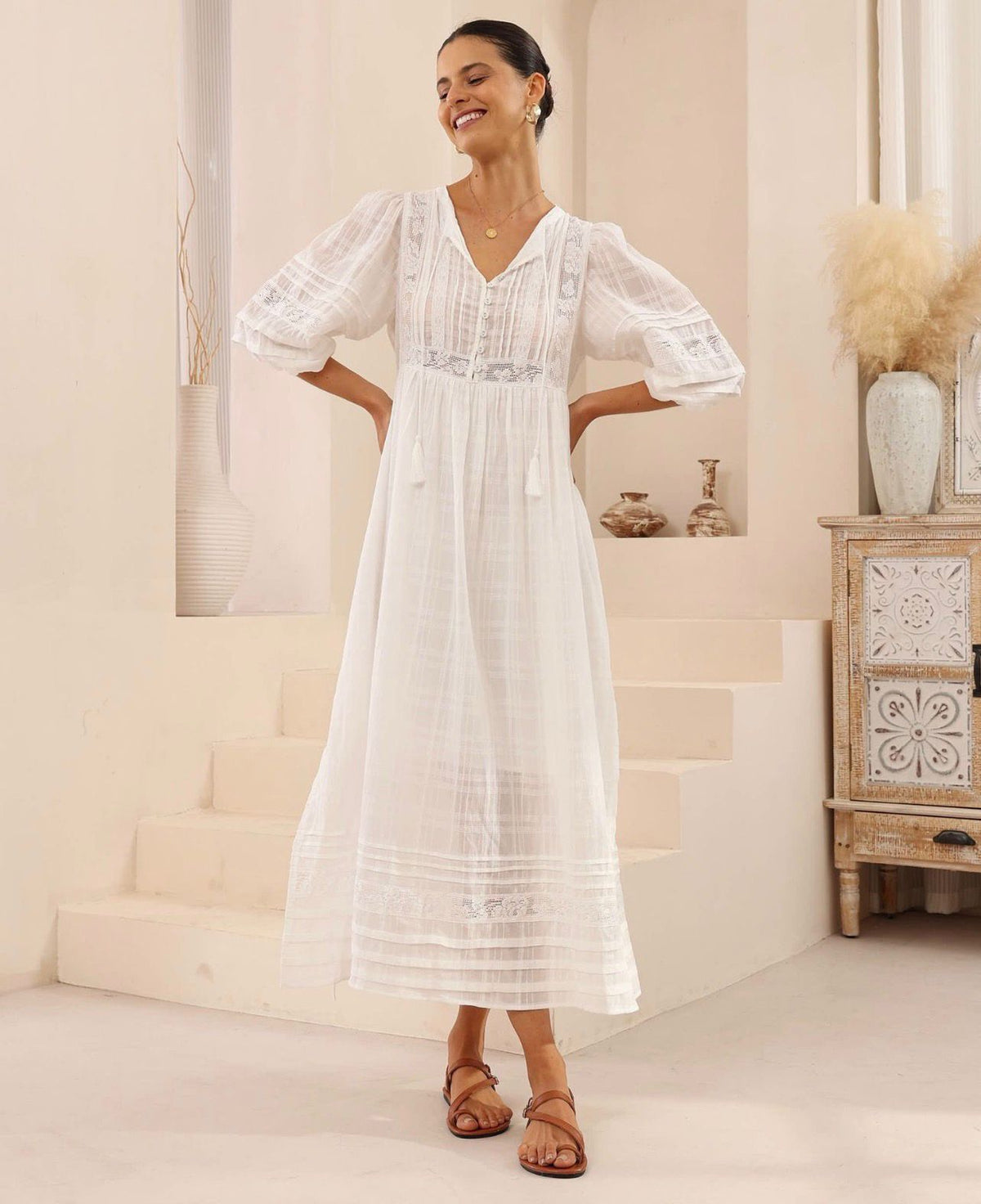 Seraphina Lace White Cotton Maxi Dress