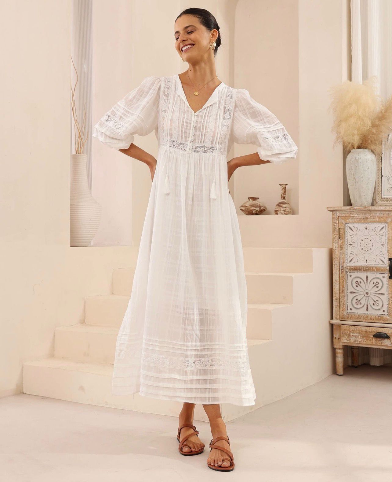 Seraphina Lace White Cotton Maxi Dress