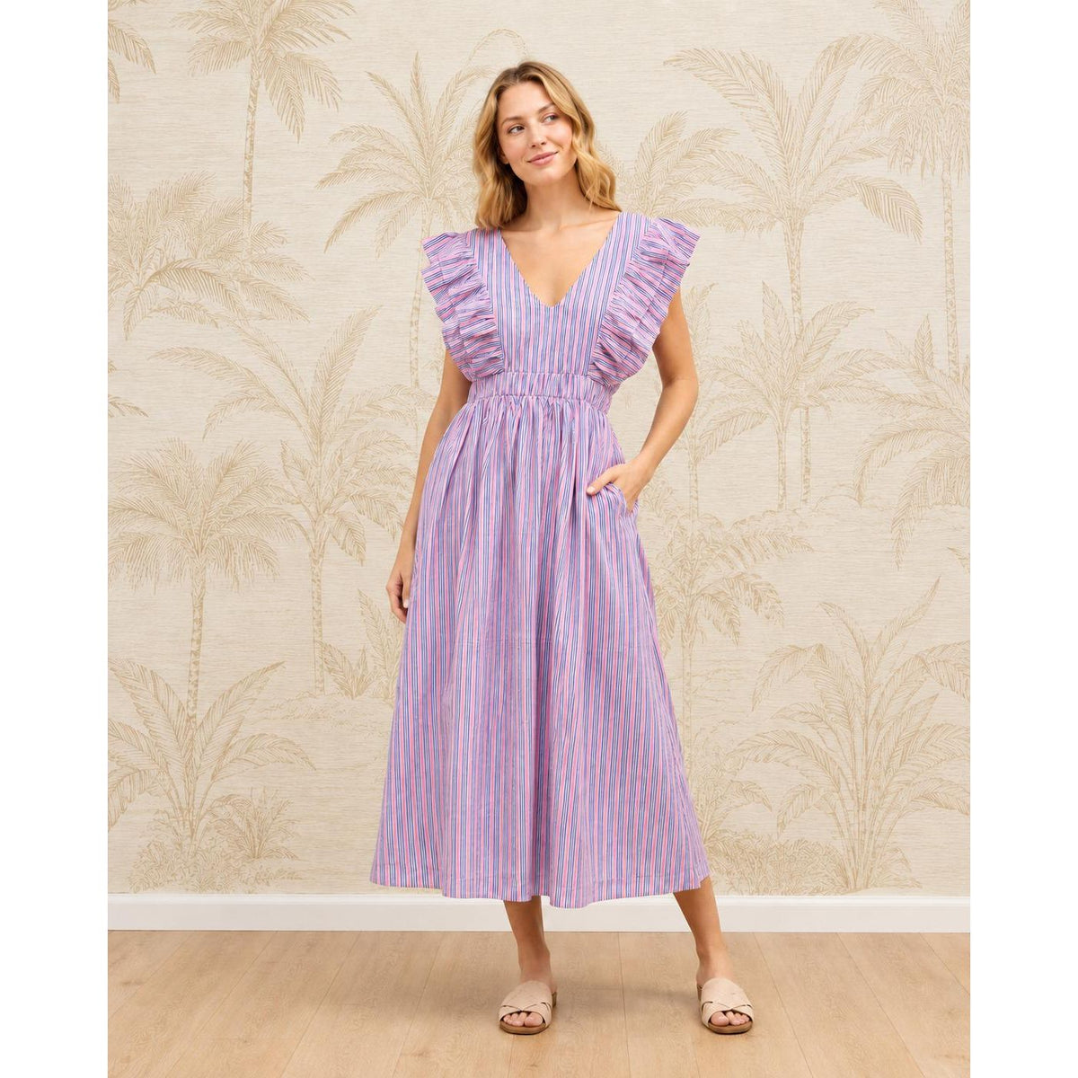 Carol Pink Stripe 100% Cotton Midi Dress