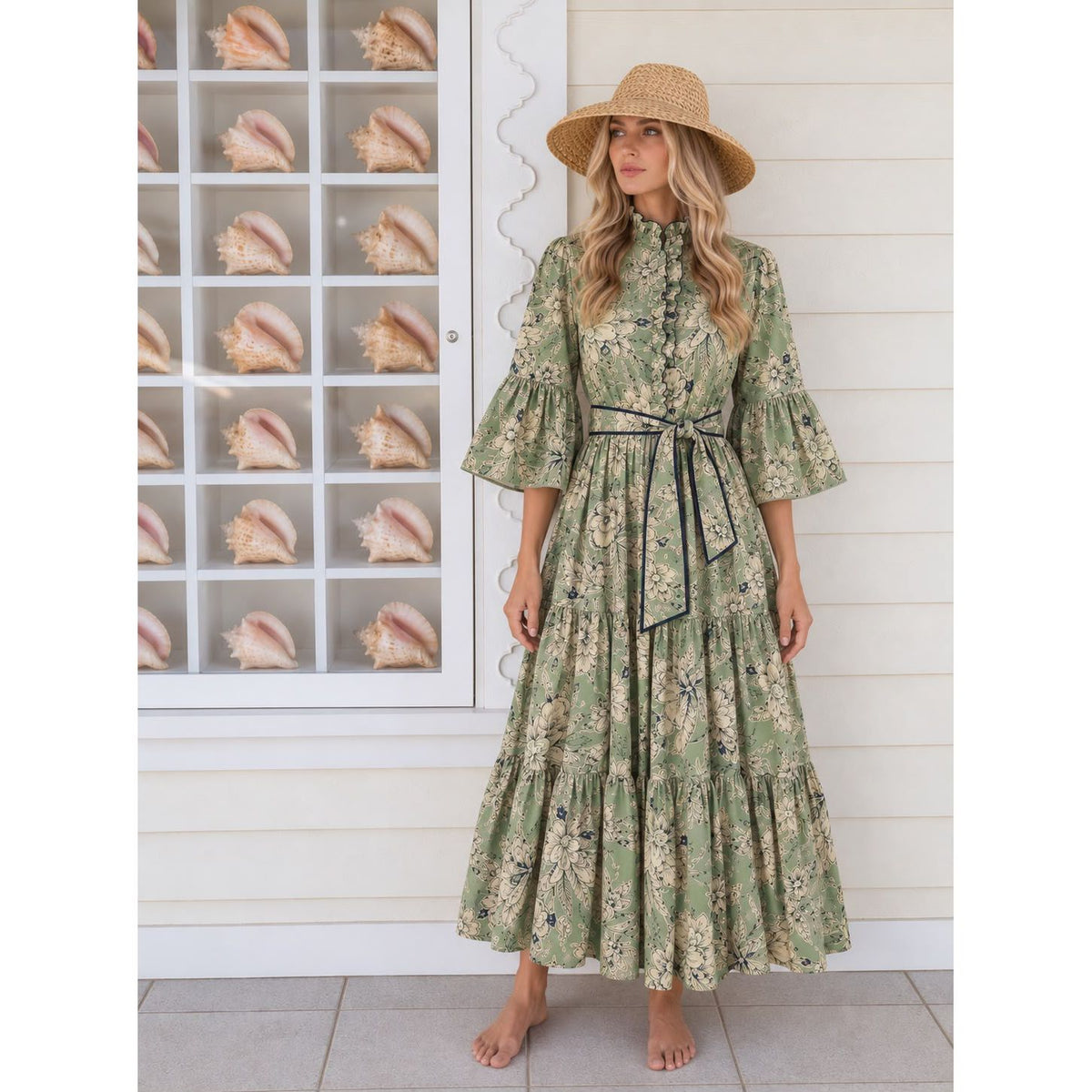 Lucy Sage Floral Hand-Painted Cotton Maxi Dress