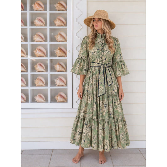 Lucy Sage Floral Hand-Painted Cotton Maxi Dress