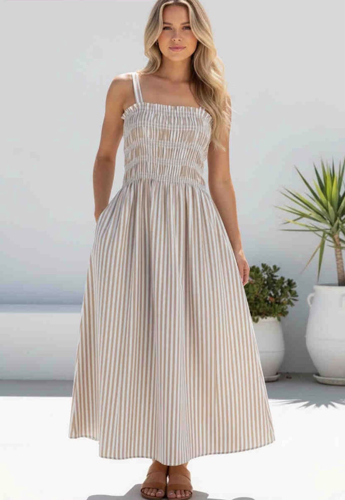 Amelie Beige Stripe Cotton Midi Dress