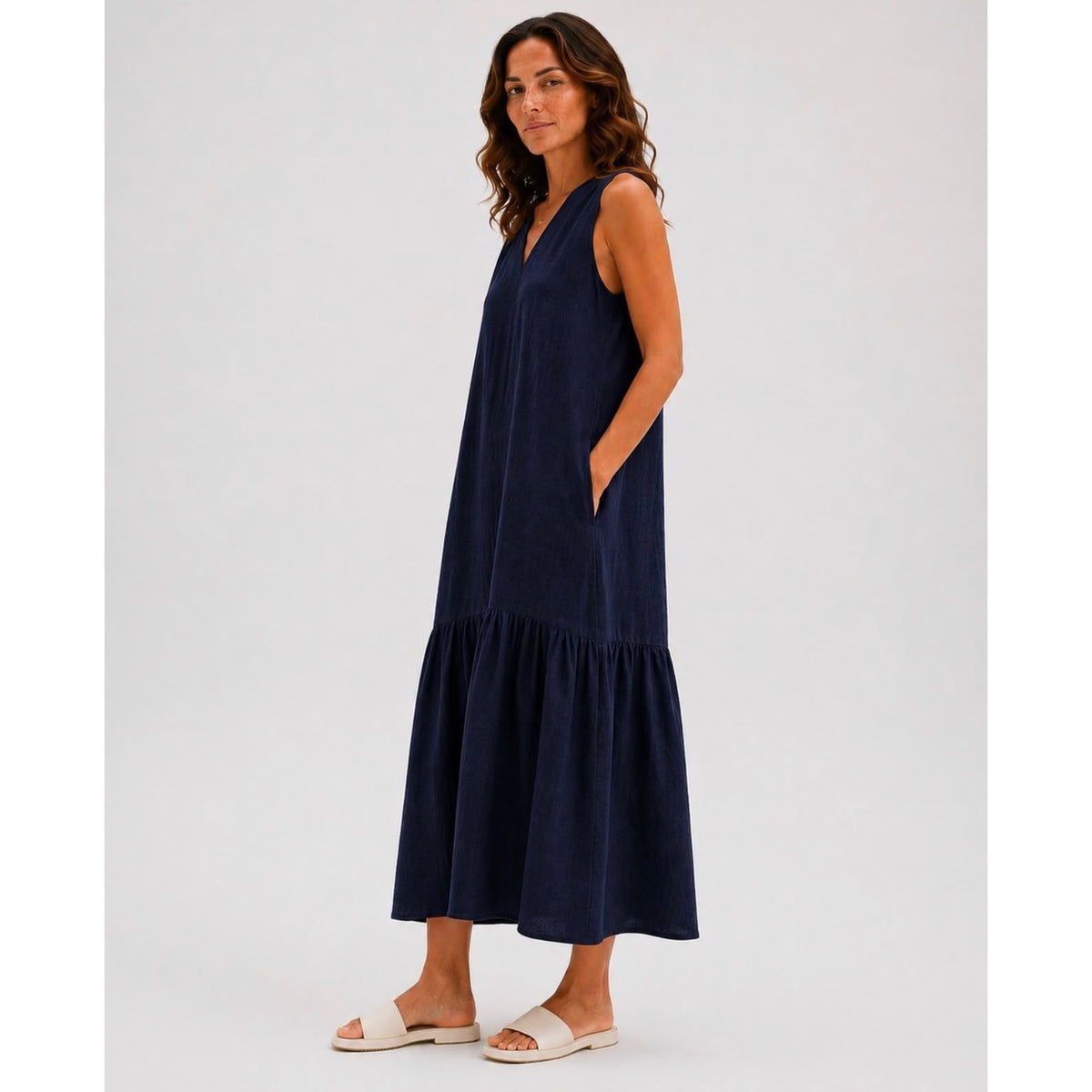 Nola Sleeveless Tiered Maxi Dress in Navy