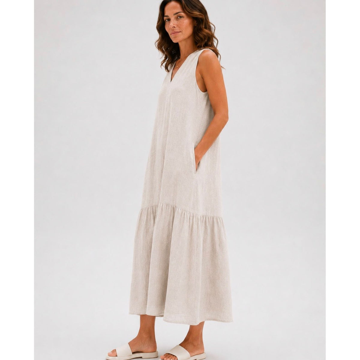 Nola Sleeveless Tiered Maxi Dress in Natural