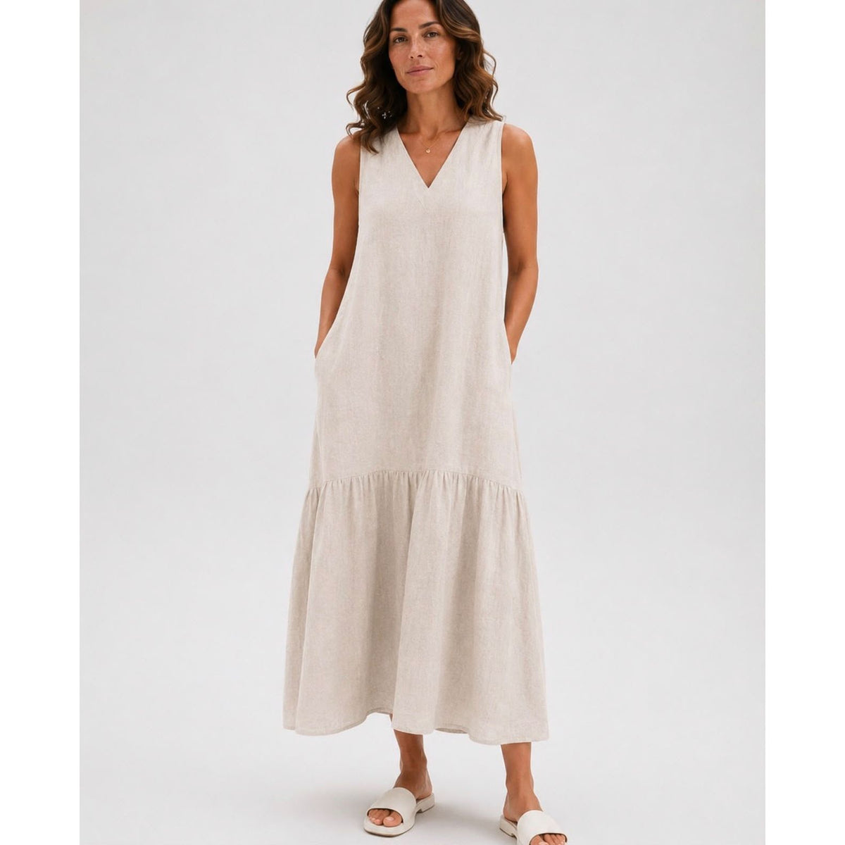 Nola Sleeveless Tiered Maxi Dress in Natural