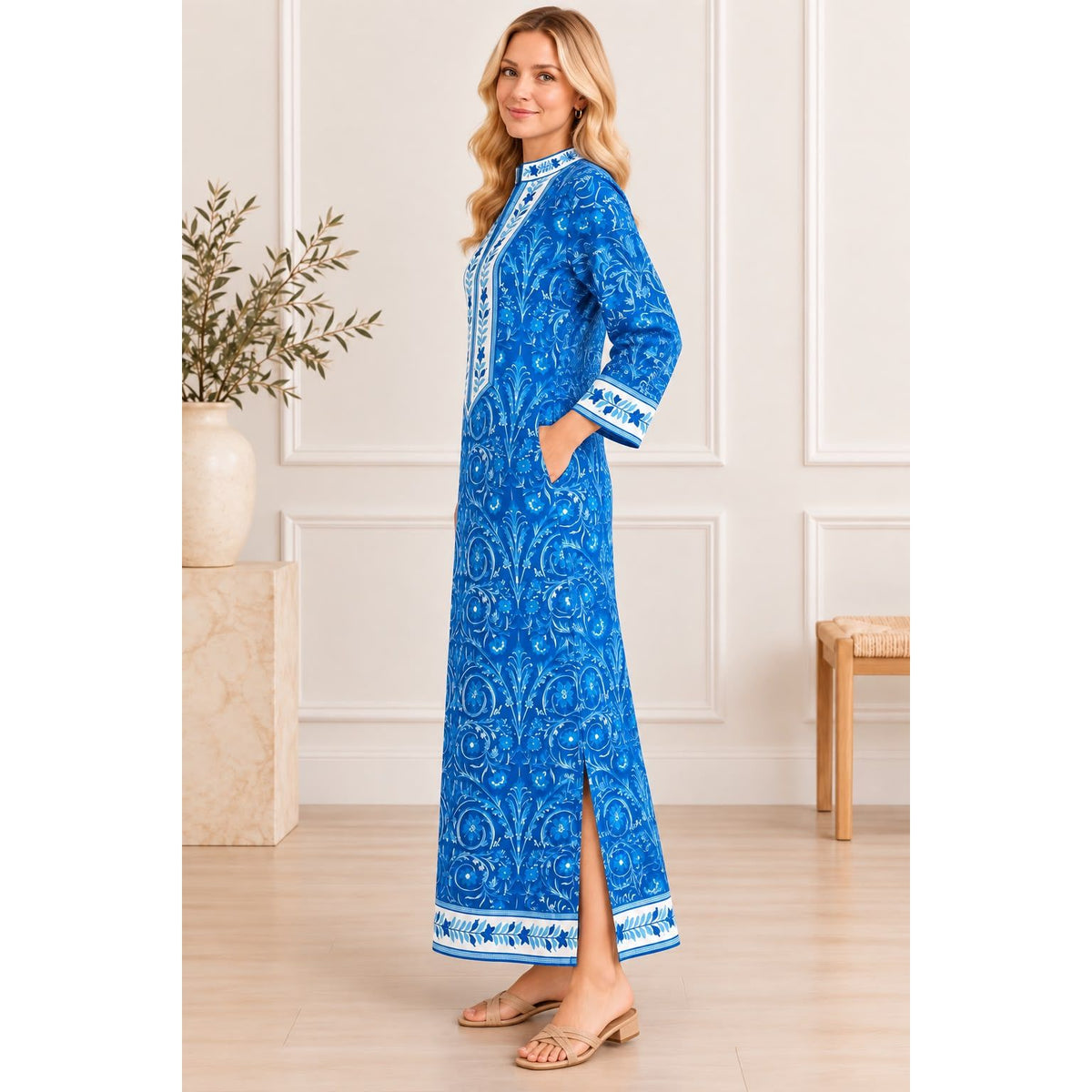 Maria Hand-Painted Cotton Long Kaftan