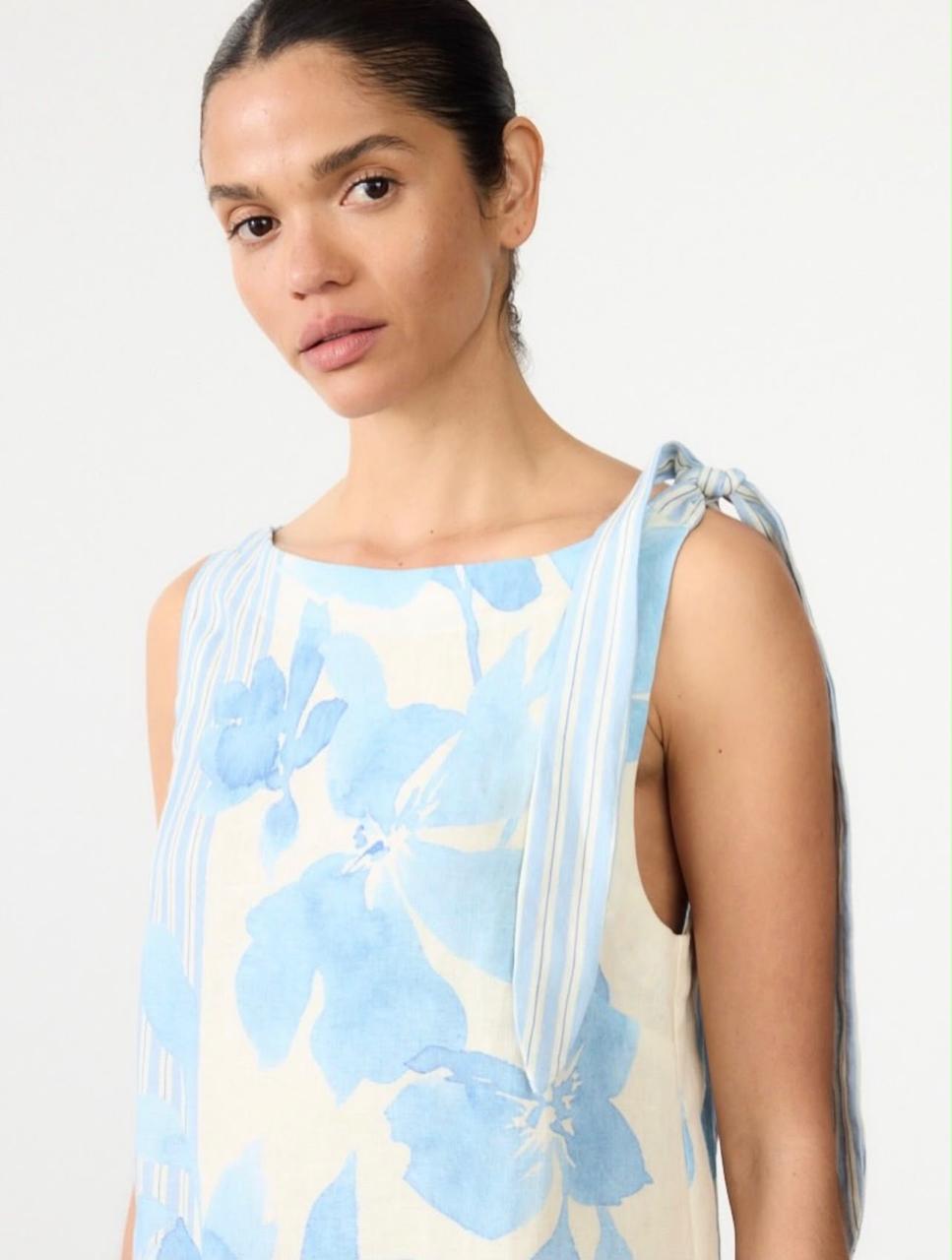 Riviera Blue Floral Hand-Painted Linen Tank Top