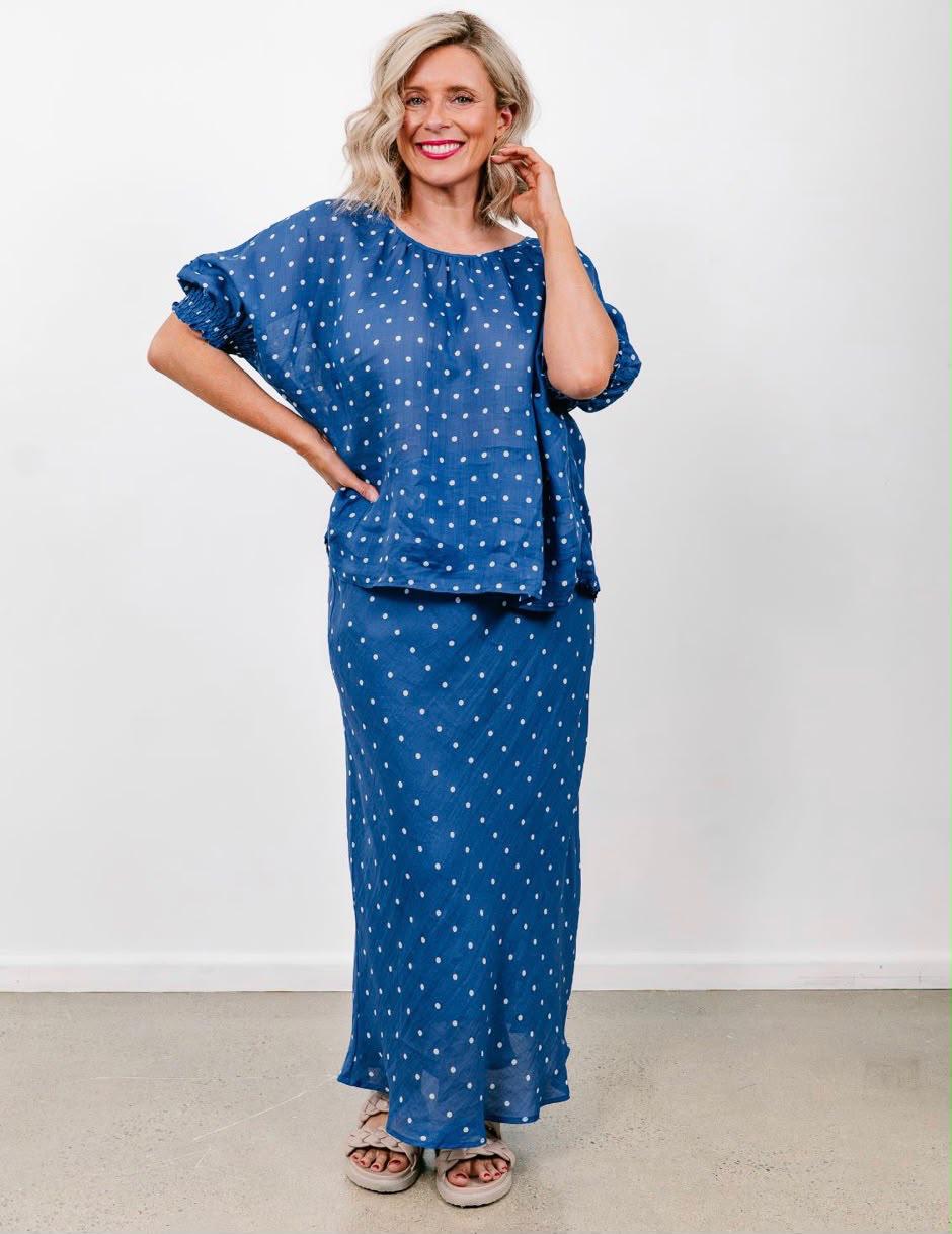 Dolly Blue & White Spot Linen Top