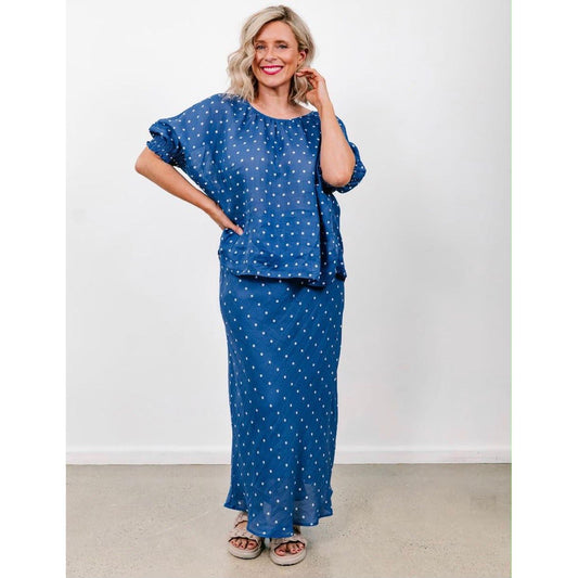 Dolly Blue & White Spot Linen Top
