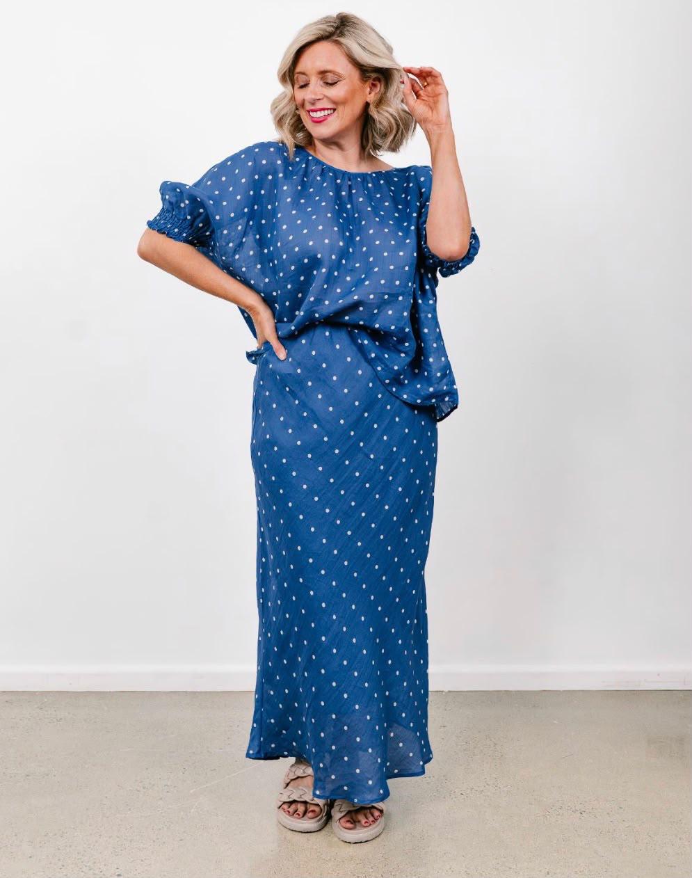 Dolly Blue & White Spot Linen Top