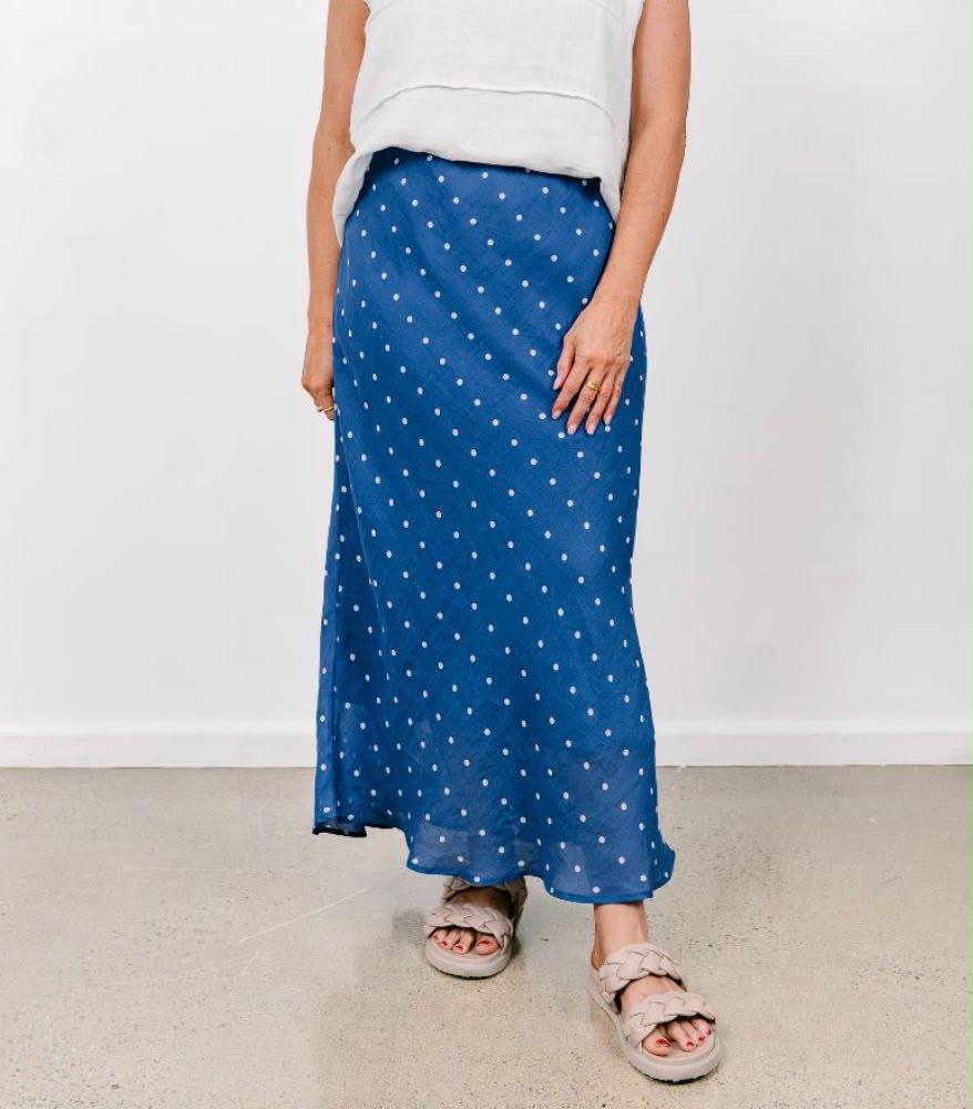 Dolly Blue & White Spot Linen Maxi Skirt
