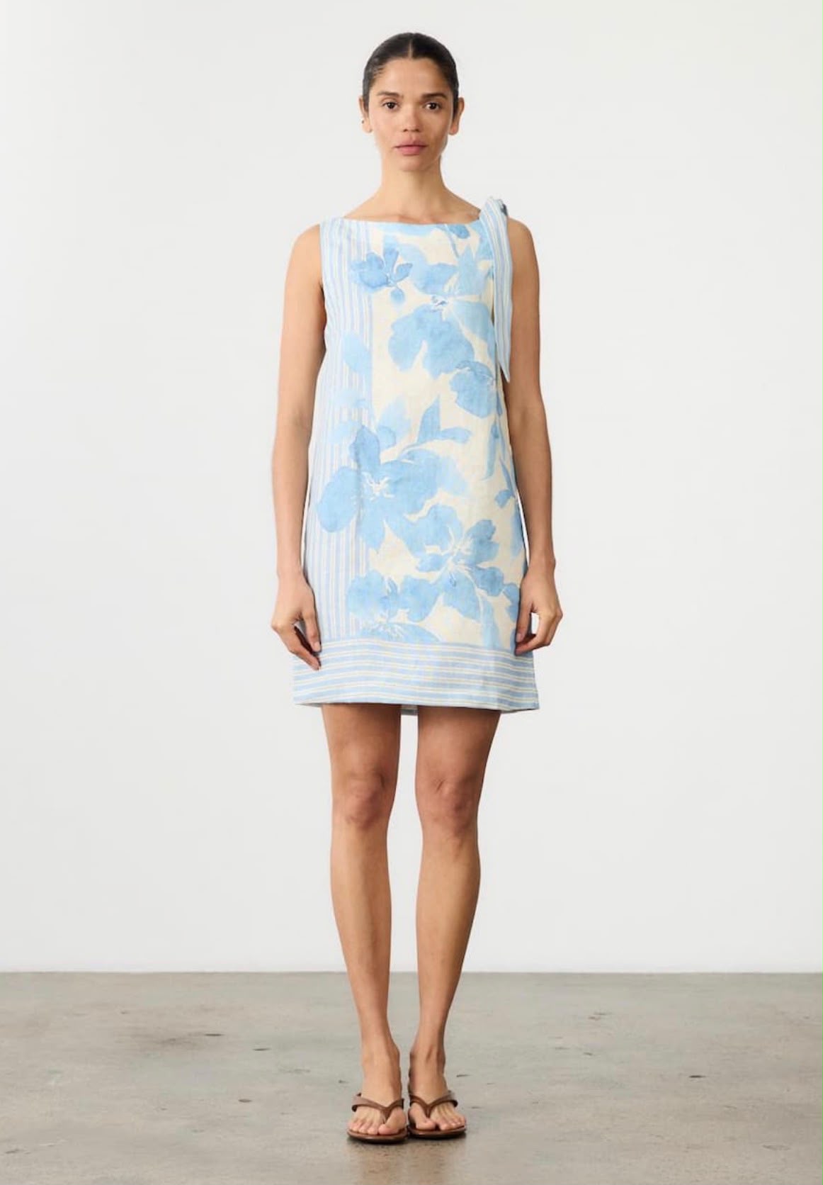 Riviera Blue Floral Hand-Painted Linen Short Dress