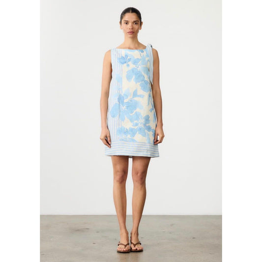 Riviera Blue Floral Hand-Painted Linen Short Dress