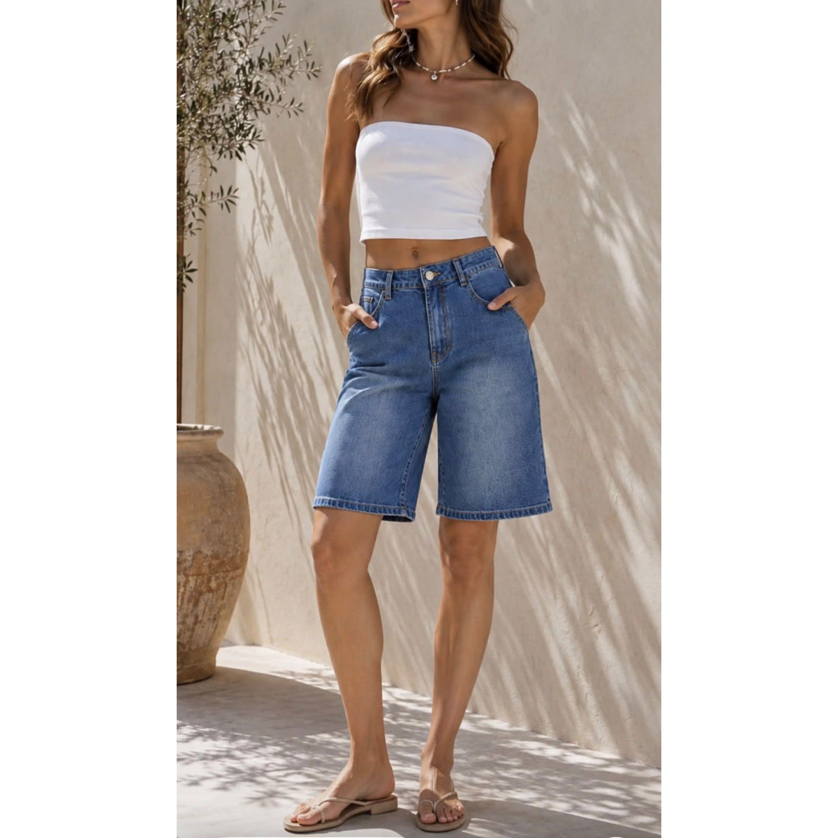 Bermuda Stretch Cotton Denim Shorts in Blue Denim