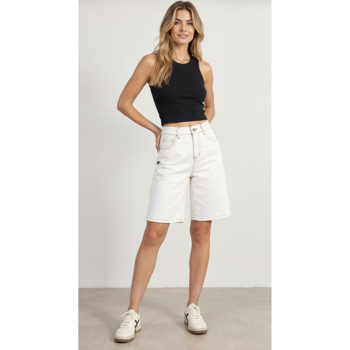 Bermuda Stretch Cotton Denim Shorts in White Denim