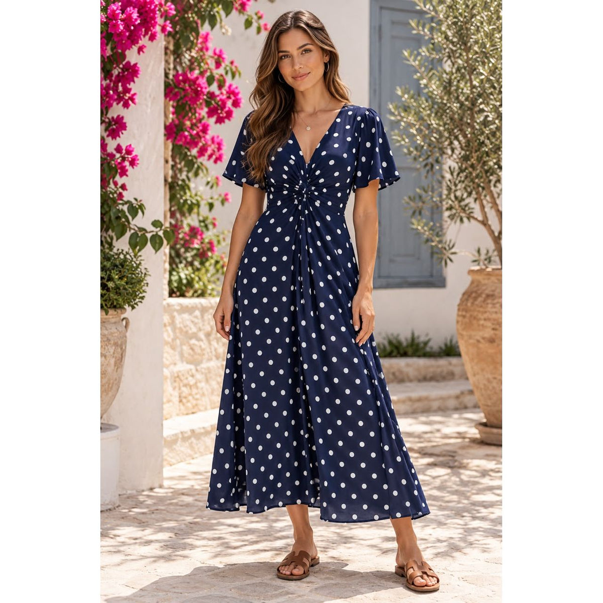 Celeste Navy Spot Rayon Maxi Dress