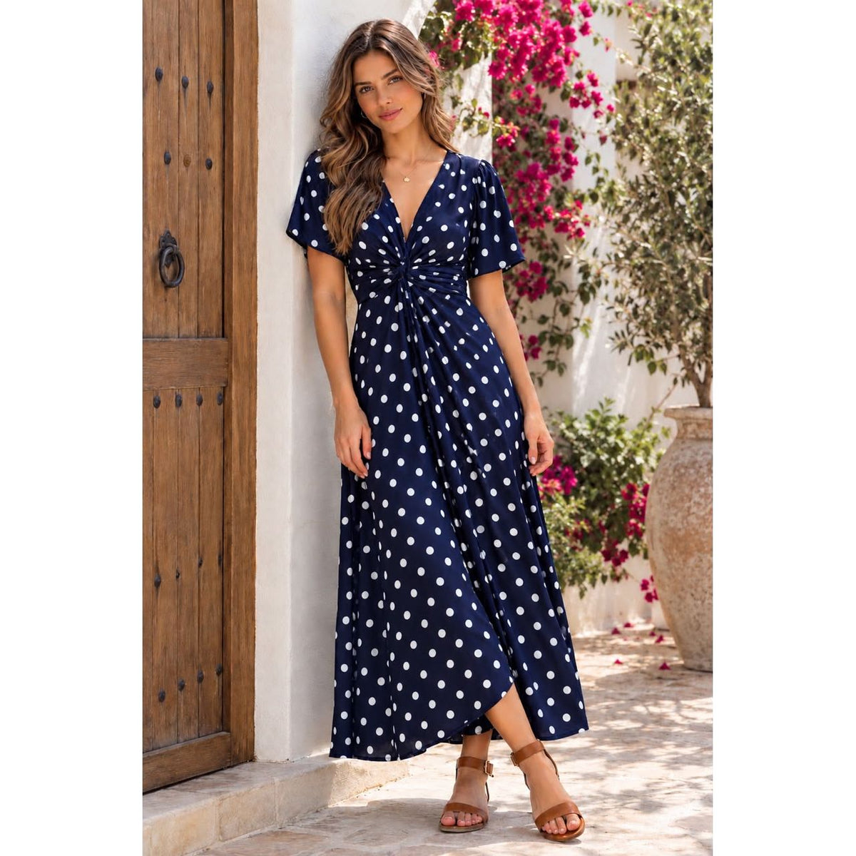 Celeste Navy Spot Rayon Maxi Dress