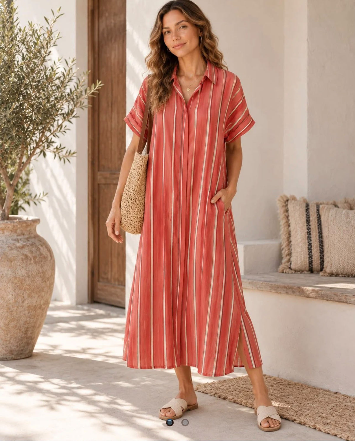 Delphine Viscose Stripe Midi Shirt Dress