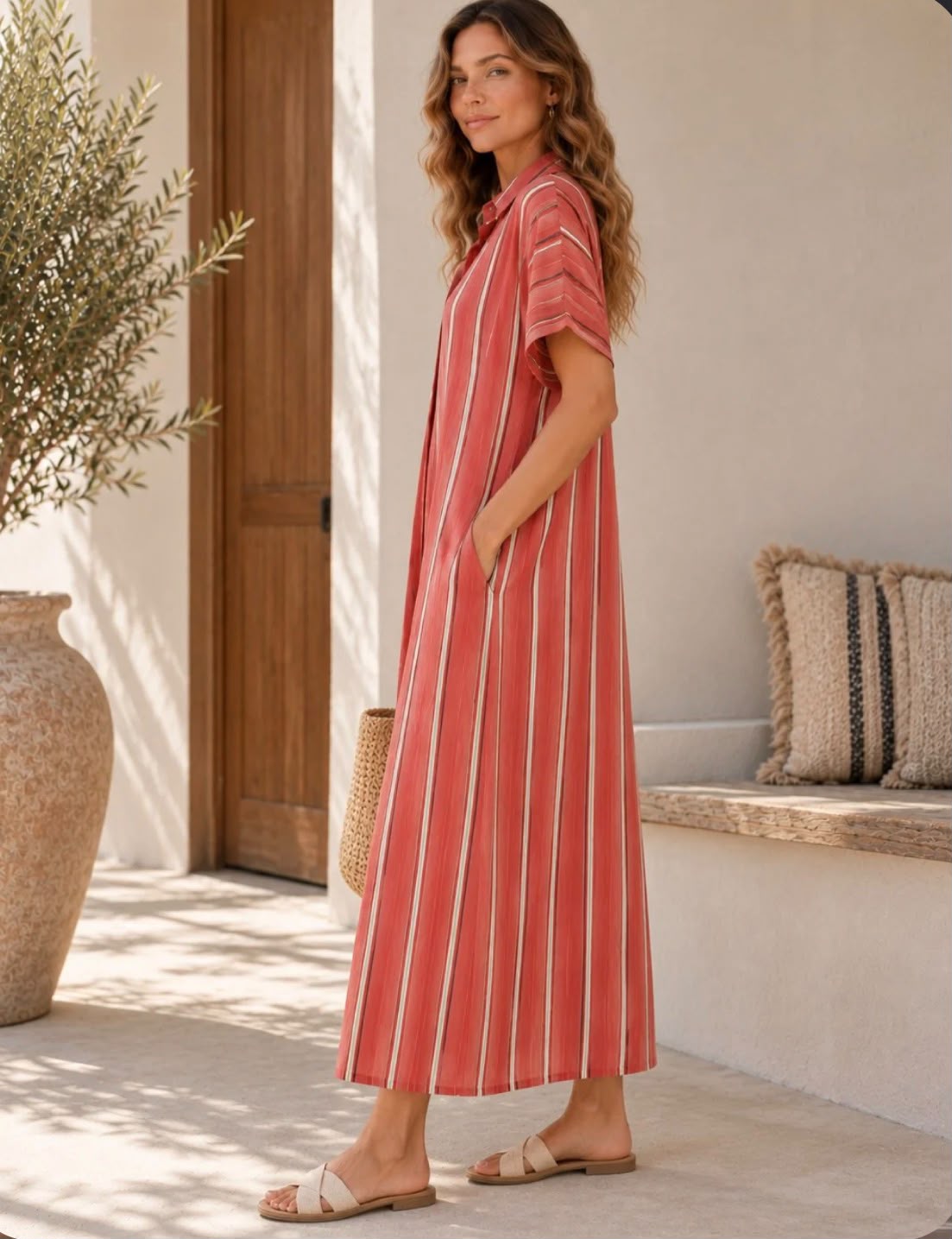 Delphine Viscose Stripe Midi Shirt Dress