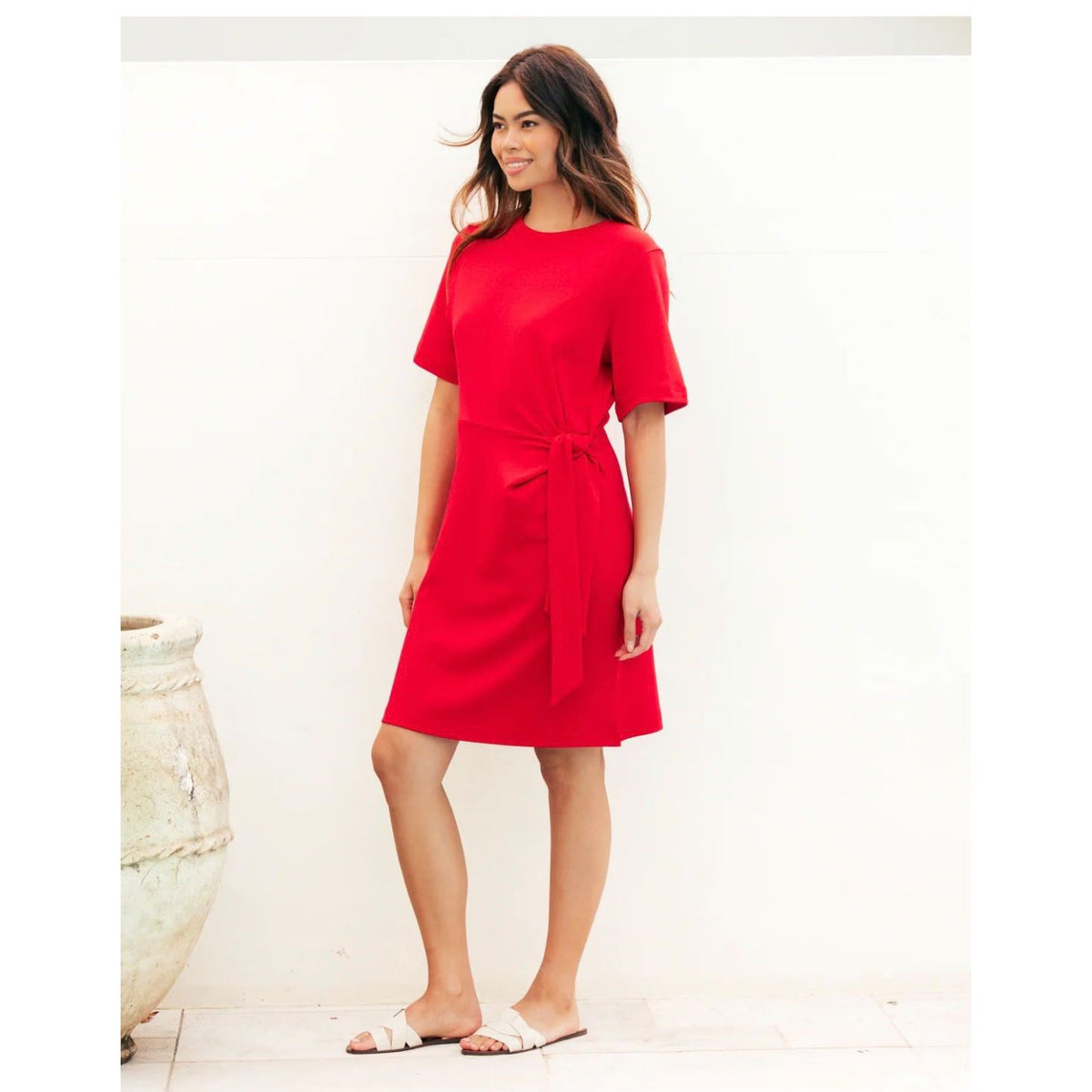 Tessa Cotton Tie Waist Mini Dress in Red