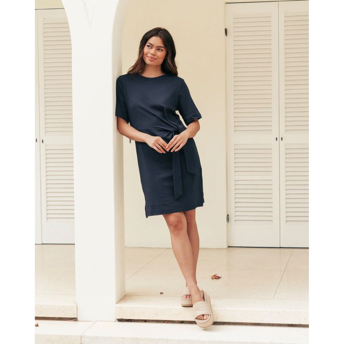 Tessa Cotton Tie Waist Mini Dress in Navy