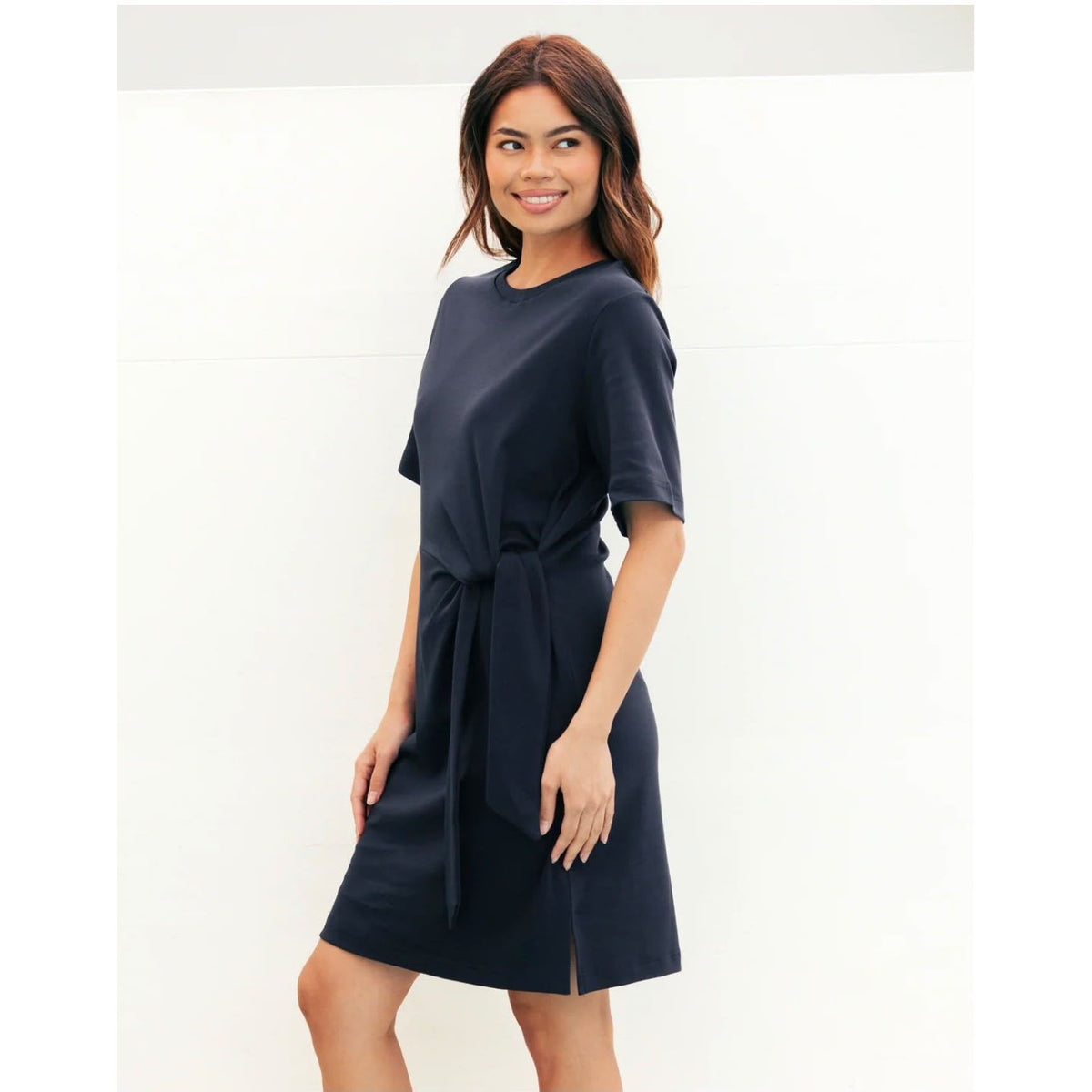 Tessa Cotton Tie Waist Mini Dress in Navy
