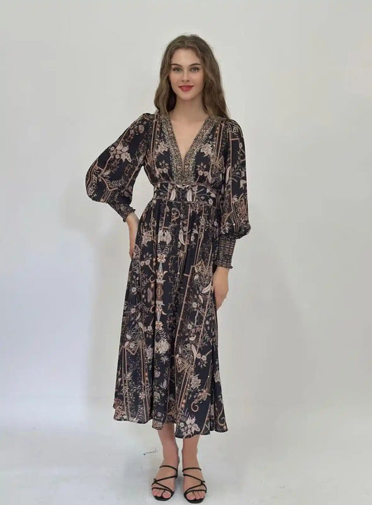 Selene Goddess Brown Midi Dress