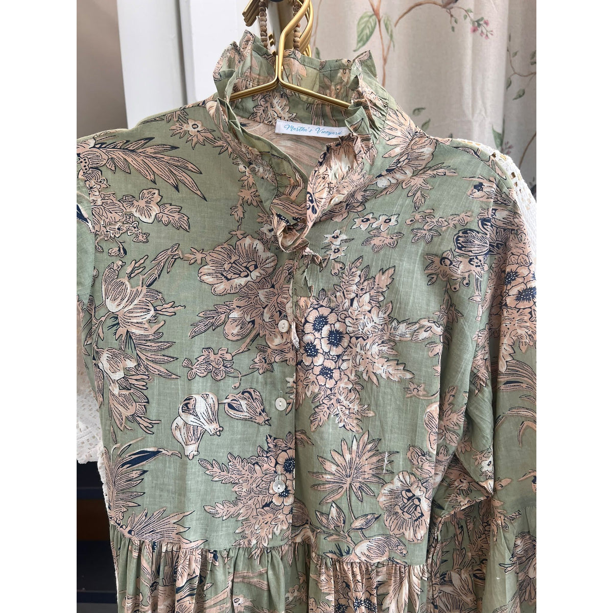 Lucy Sage Floral Hand-Painted Cotton Maxi Dress