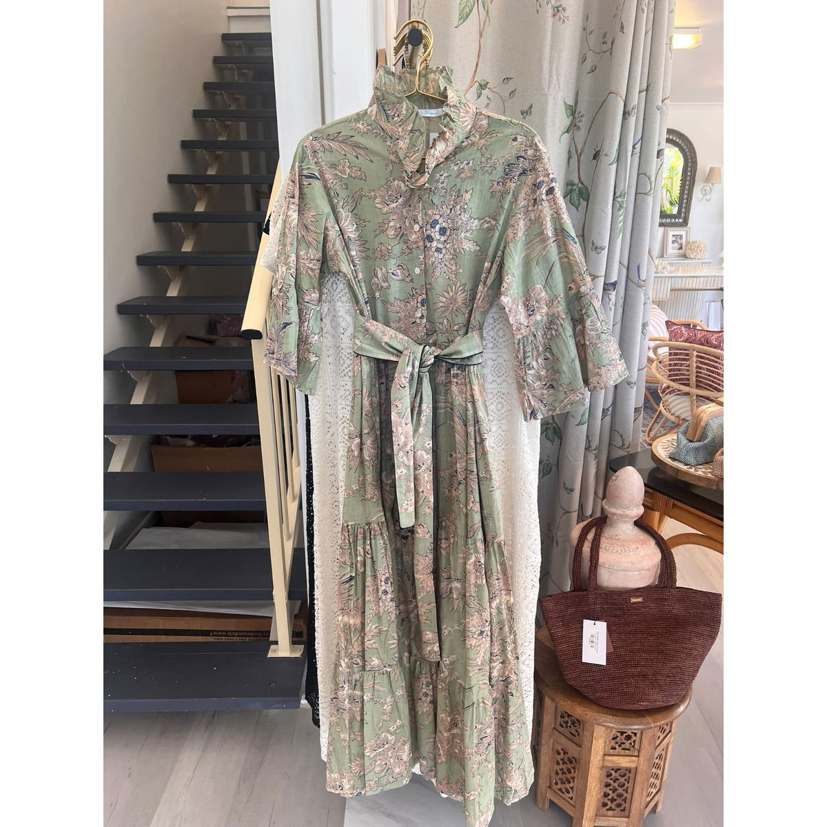 Lucy Sage Floral Hand-Painted Cotton Maxi Dress