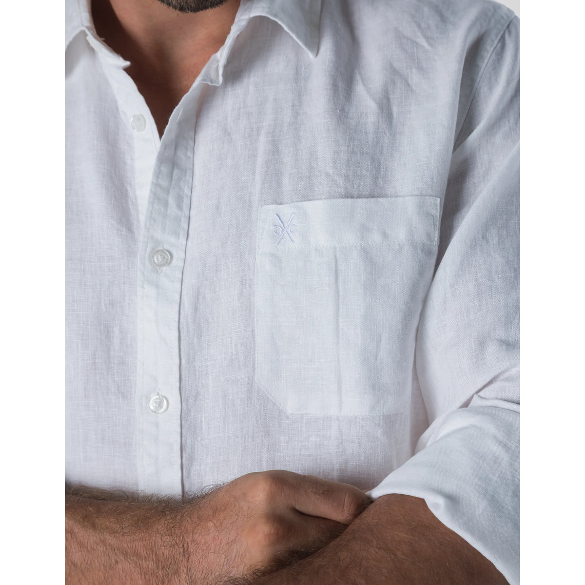 Brent Long Sleeve French Linen Shirt in White for Men details up close